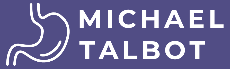 White outline of a stomach next to the name "MICHAEL TALBOT" in bold white capital letters on a purple background.