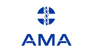 Blue "AMA" text with a blue circular logo above, featuring a serpent-entwined staff (caduceus) and horizontal lines, on a transparent background.